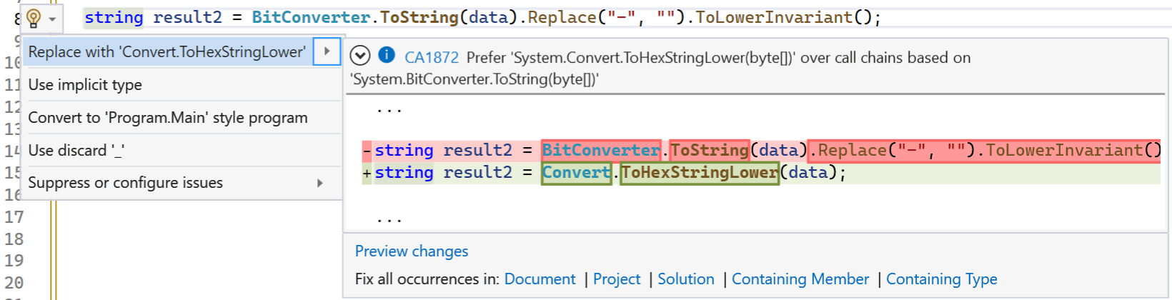 CA1872 analyzer for Convert.ToHexStringLower