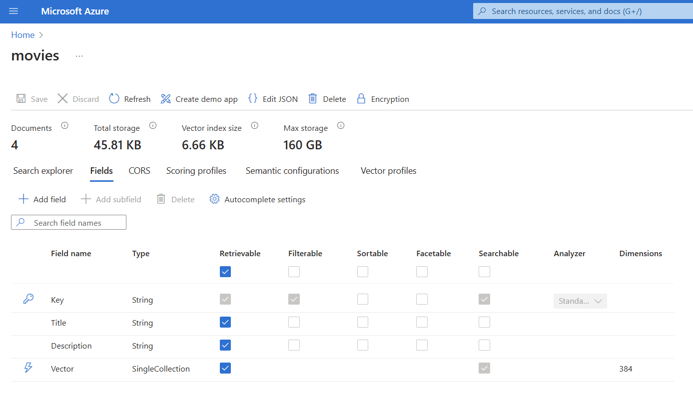 index with the Movie fields in the Azure Portal in the Azure AI Search service