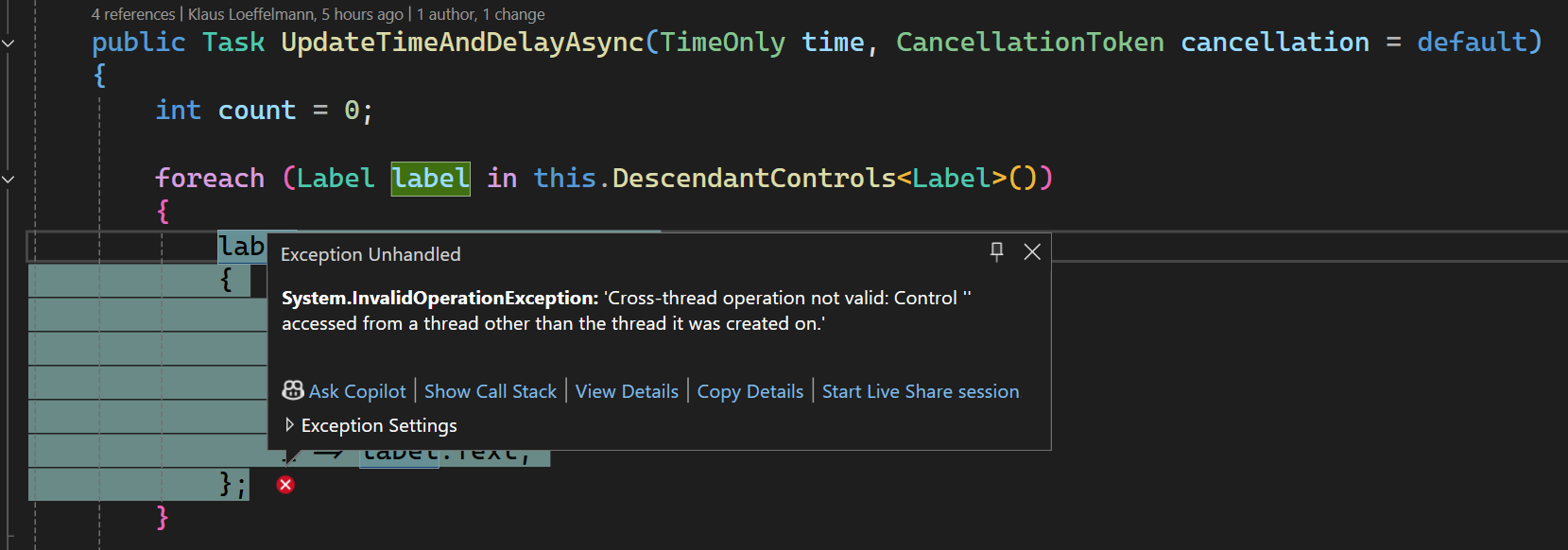 Screenshot of a Cross-Thread-Exception in the demo-app's context