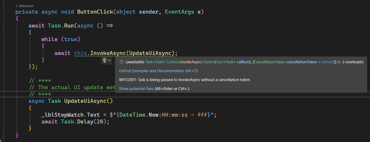 Async Analyzer helping to find the correct overload of InvokeAsync