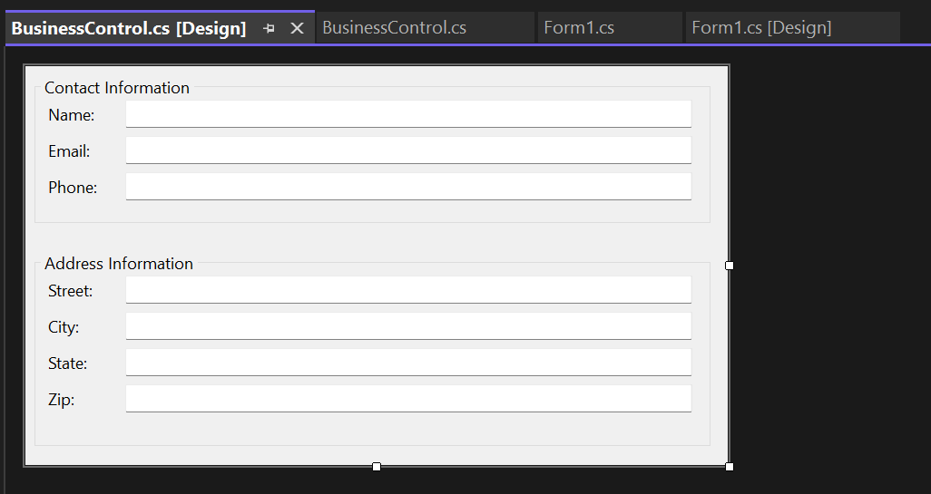 Screenshot of a typical Line-of-Business UserControl in the Designer