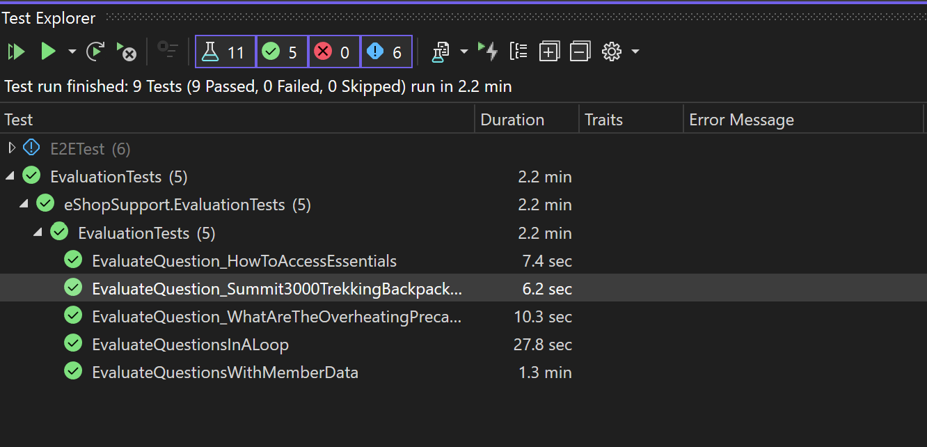 Screenshot of Test Explorer after running an evaluation