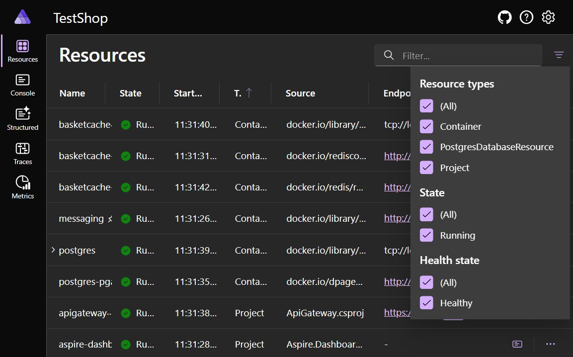A screenshot of the .NET Aspire dashboard showing the new filter options.