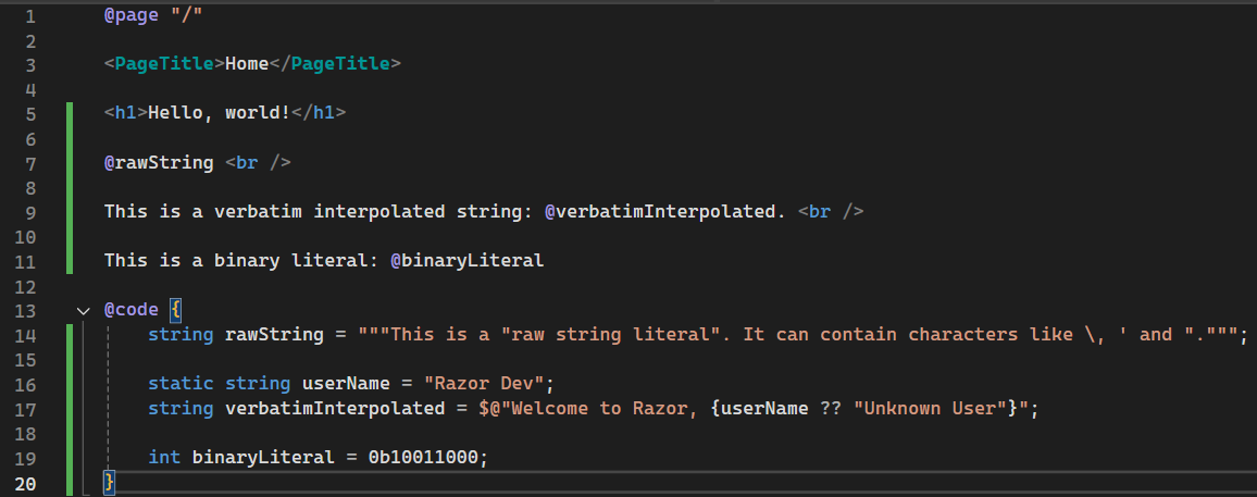 Figure 3- Examples of strings now supported in Razor files by Roslyn tokenizer