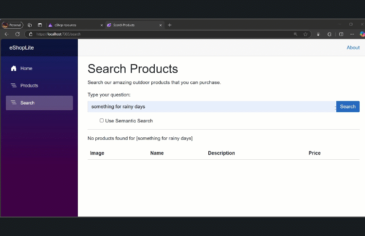 Semantic search in a .NET application, showing a semantic search match for a product