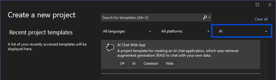 Visual Studio Create New Project dialog, with "AI" chosen in project type dropdown. Showing template named AI Chat Web App