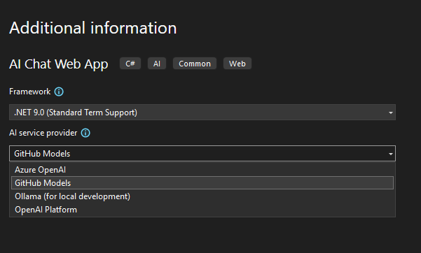 AI Chat Web App template options, showing a choice of AI model providers: GitHub Models, OpenAI, Azure OpenAI, Ollama