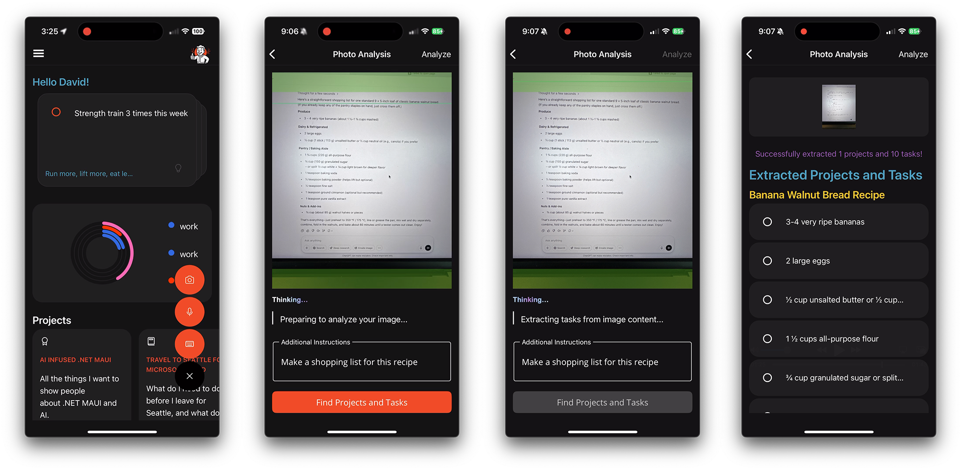 Screenshots showing the photo capture and processing flow in the .NET MAUI app with camera, gallery, and AI analysis screens
