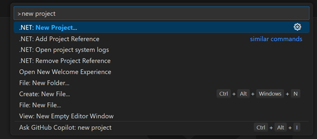 VS Code command palette showing the New Project option highlighted