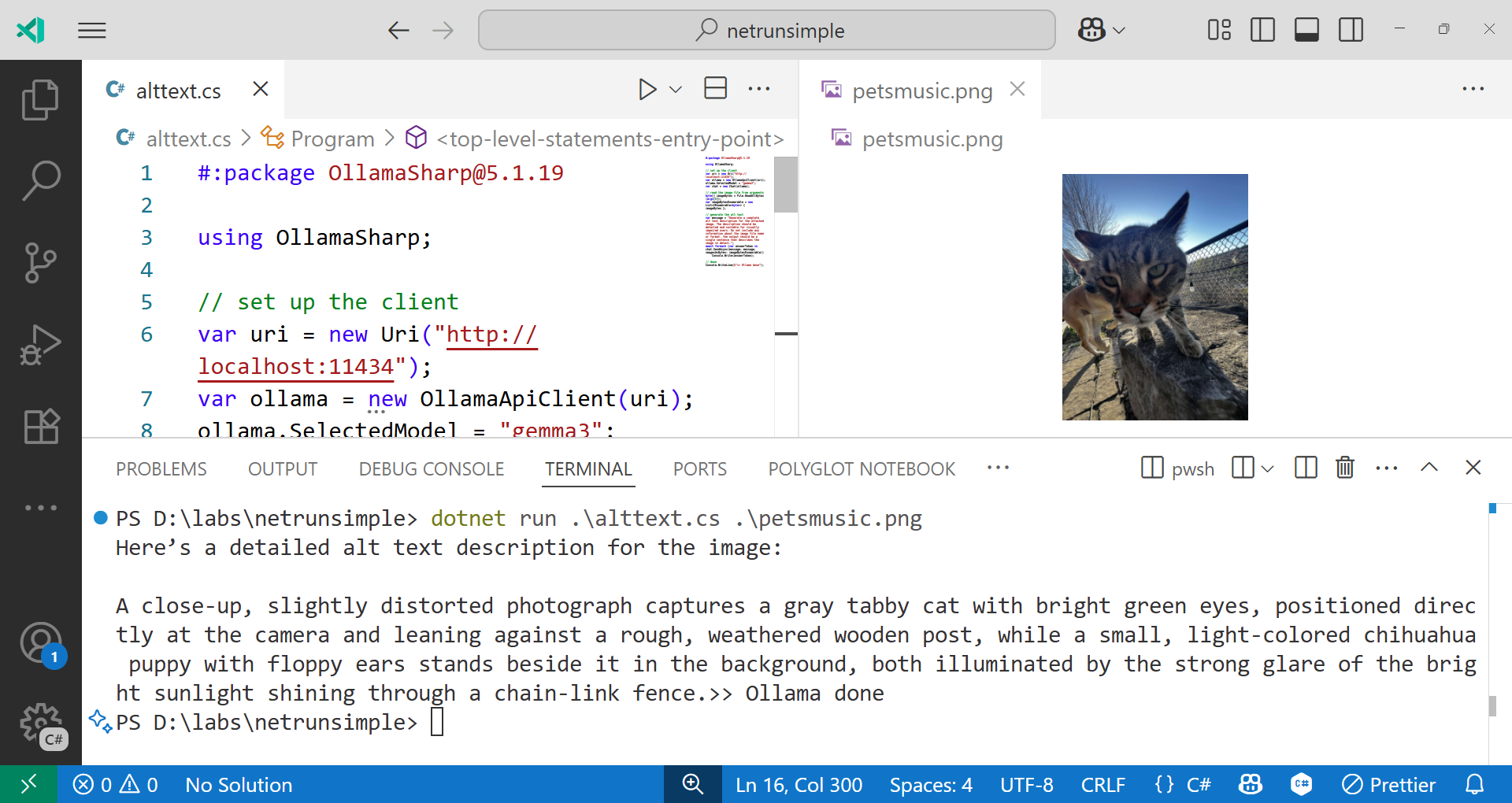 Screenshot showing Visual Studio Code terminal with AltText generation results from analyzing an image