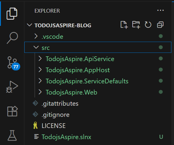 VS Code Explorer panel showing the folder structure of the newly created Aspire app