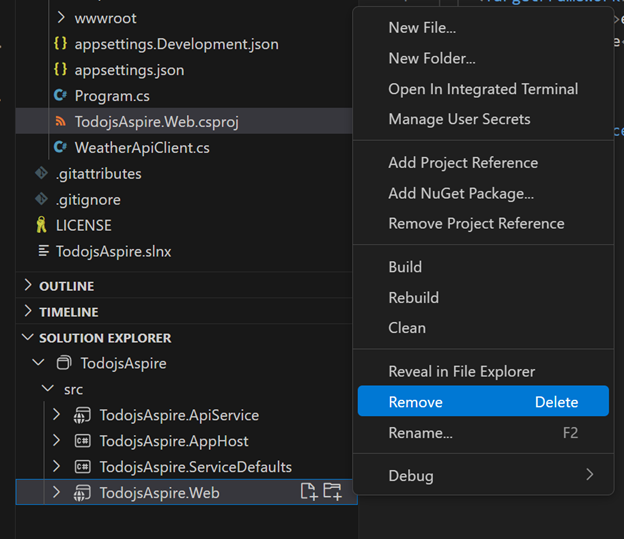 Solution Explorer in VS Code showing the context menu with Delete option for removing the TodojsAspire.Web project