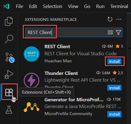 VS Code Extensions panel showing the REST Client extension ready for installation