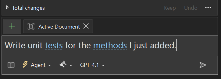 Screenshot of GitHub Copilot Chat in Agent Mode showing the interface in Visual Studio