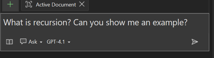 Screenshot of GitHub Copilot Chat in Ask Mode showing the interface in Visual Studio