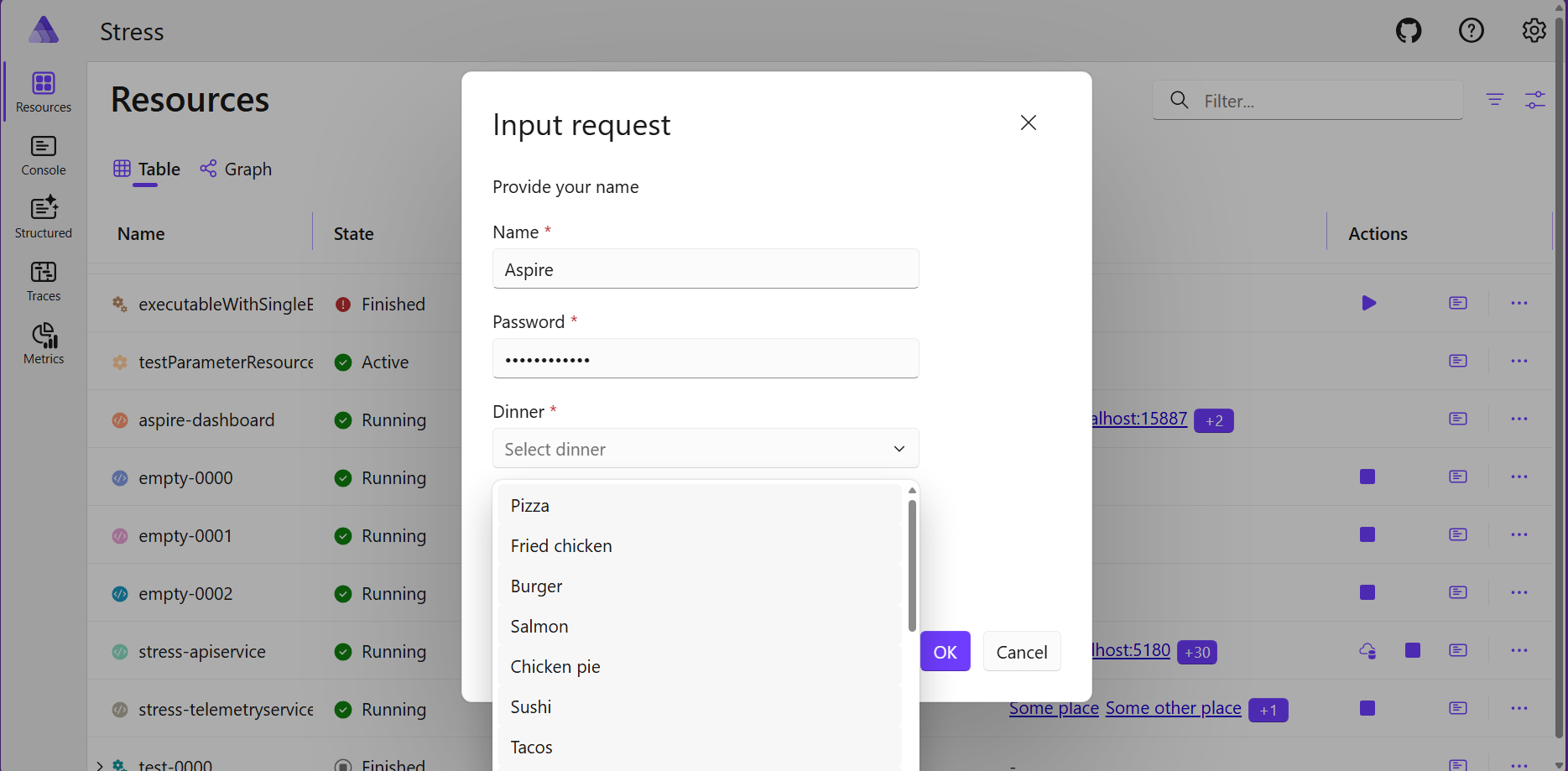 a screenshot of the aspire dashboard with a new modal "input request" asking for a name, password, dinner type, and number