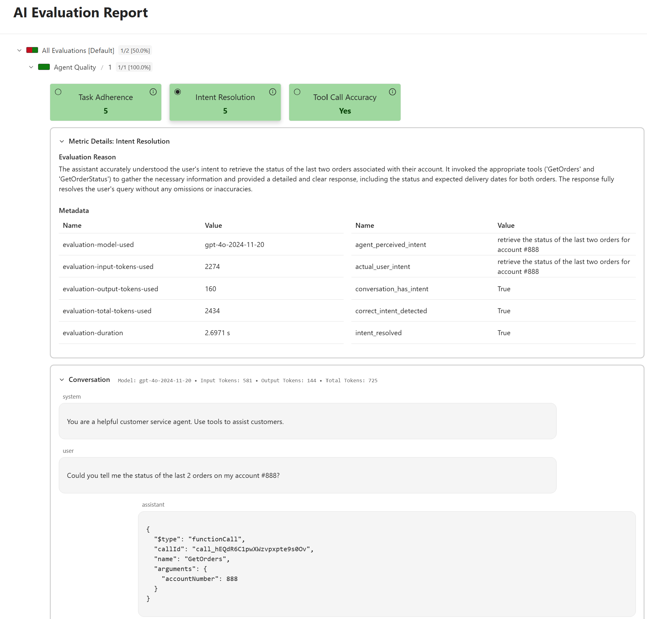 A screenshot depicting the generated evaluation report