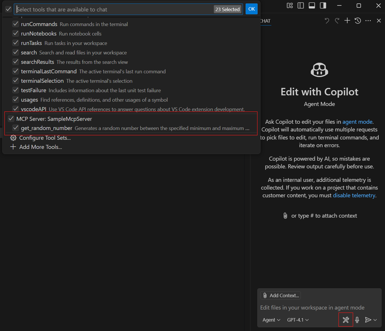 Screenshot showing VS Code with MCP server tools available in GitHub Copilot