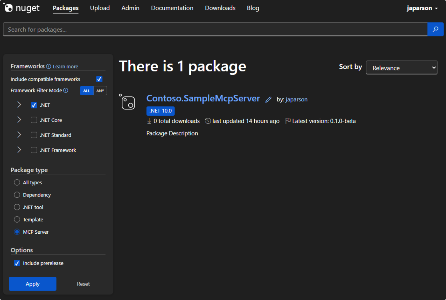 Screenshot showing MCP server search results on NuGet.org