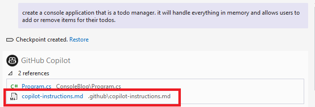Screenshot of GitHub Copilot in Visual Studio indicating custom instructions were used