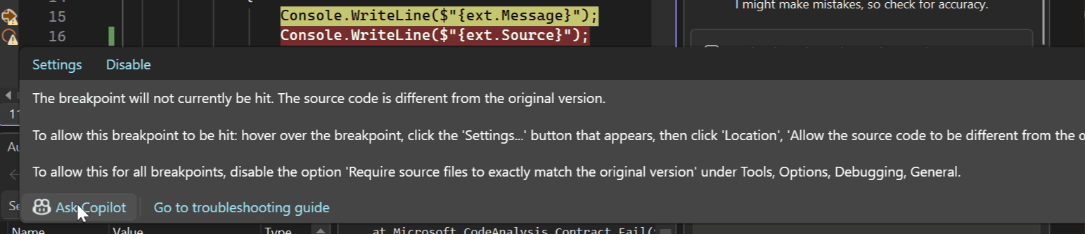 screenshot of Breakpoint Troubleshooting