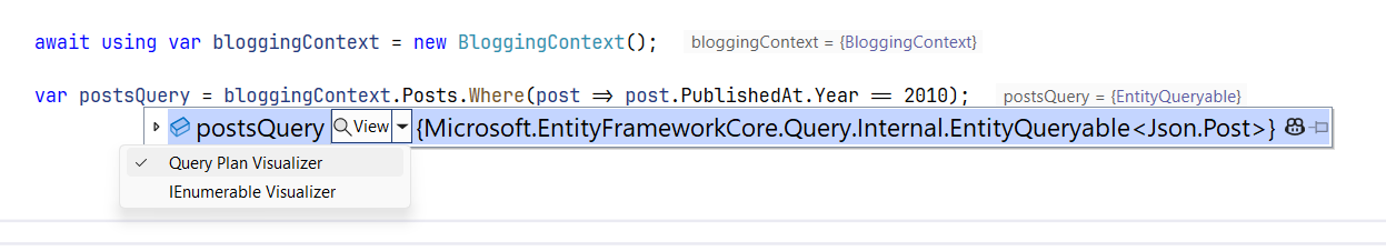 Screenshot showing the Query Plan Visualizer option in Visual Studio debugger tooltip