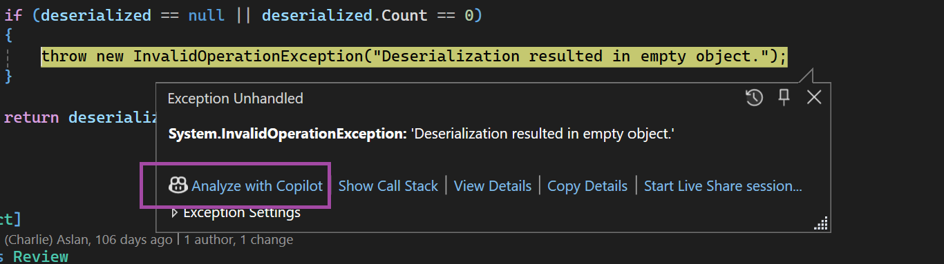 screenshot of exception helper dialog