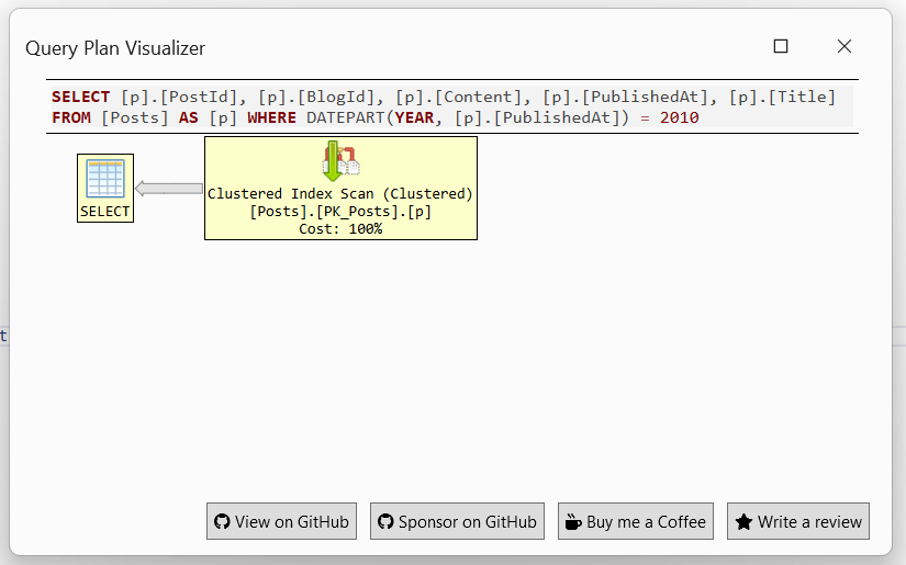 SQL Server execution plan showing table scan without index usage
