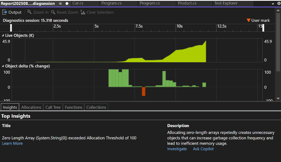screenshot of zero length array allocations