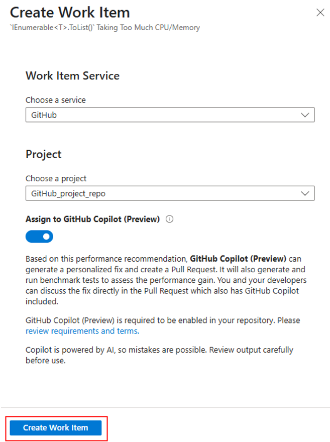 screenshot of Create Work Item