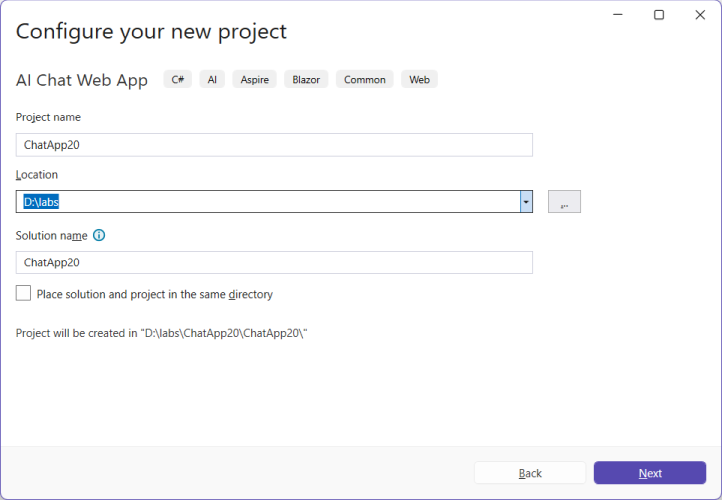 Visual Studio project dialog with AI Chat Web App template