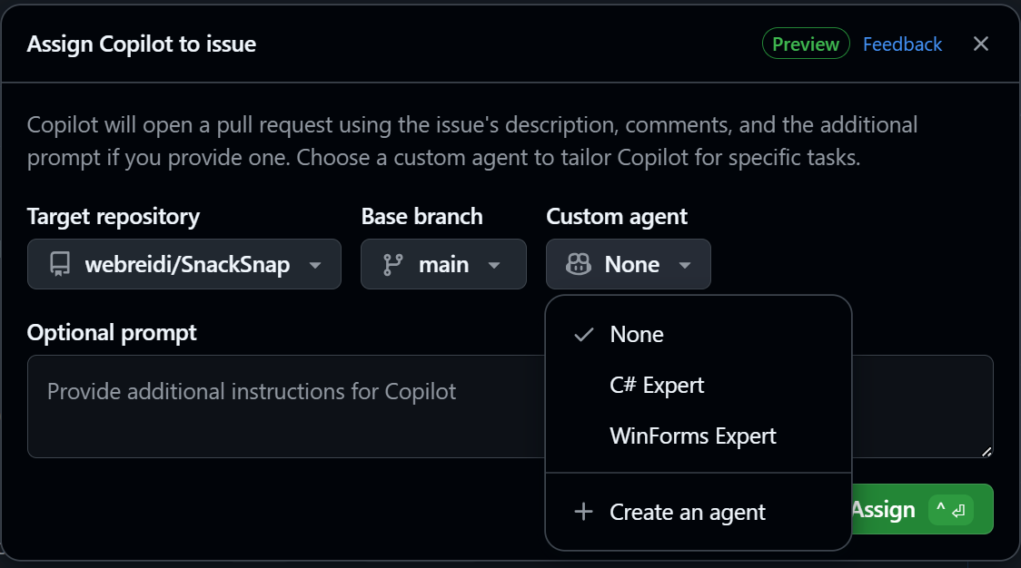 Screenshot of Copilot Coding Agent with Custom Agent Drop-down