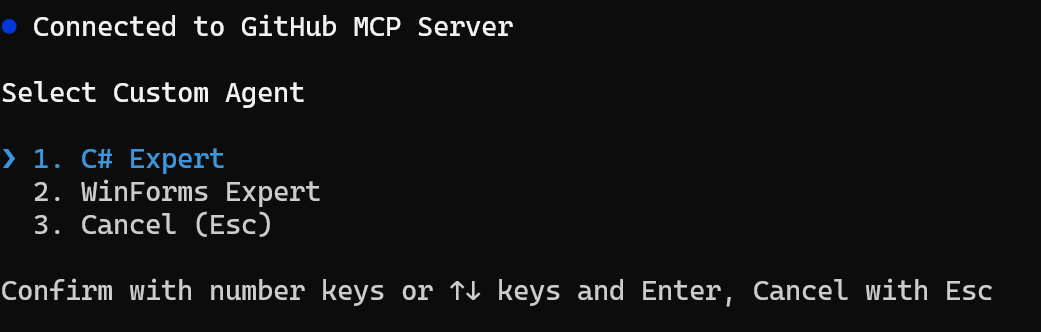 Screenshot of Copilot CLI with Custom Agent selection