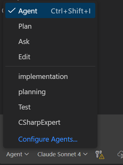 Screenshot of VSCode Custom Agent selection