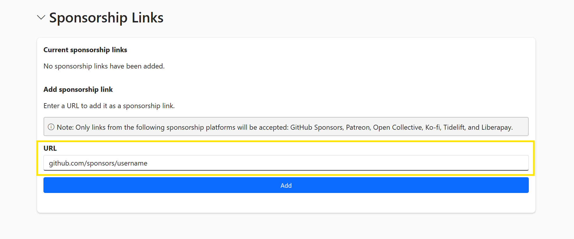 NuGet.org Manage Package Page with an example sponsorship link filled in