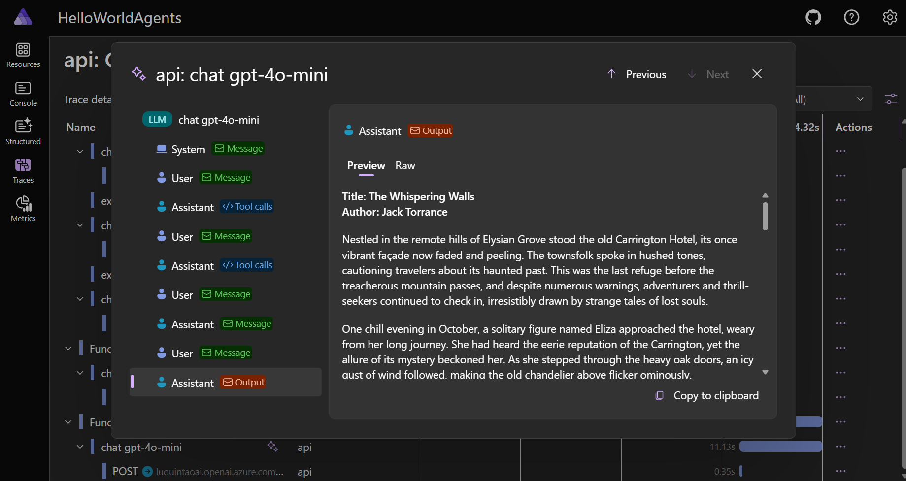Screenshot showing detailed telemetry panel for a single LLM request including latency, tokens, and model info