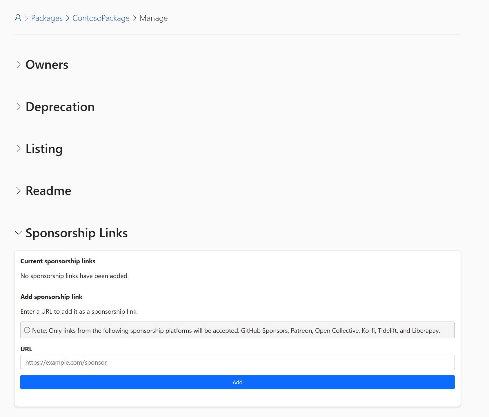 NuGet.org Manage Package Page with Sponsorship Links Section