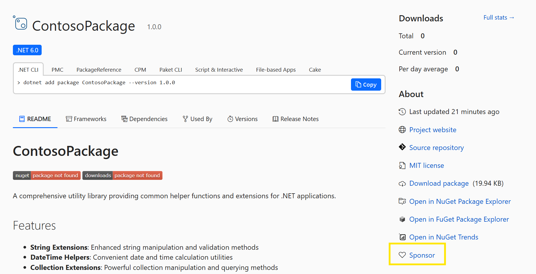 NuGet.org Package Details page with a Sponsor button