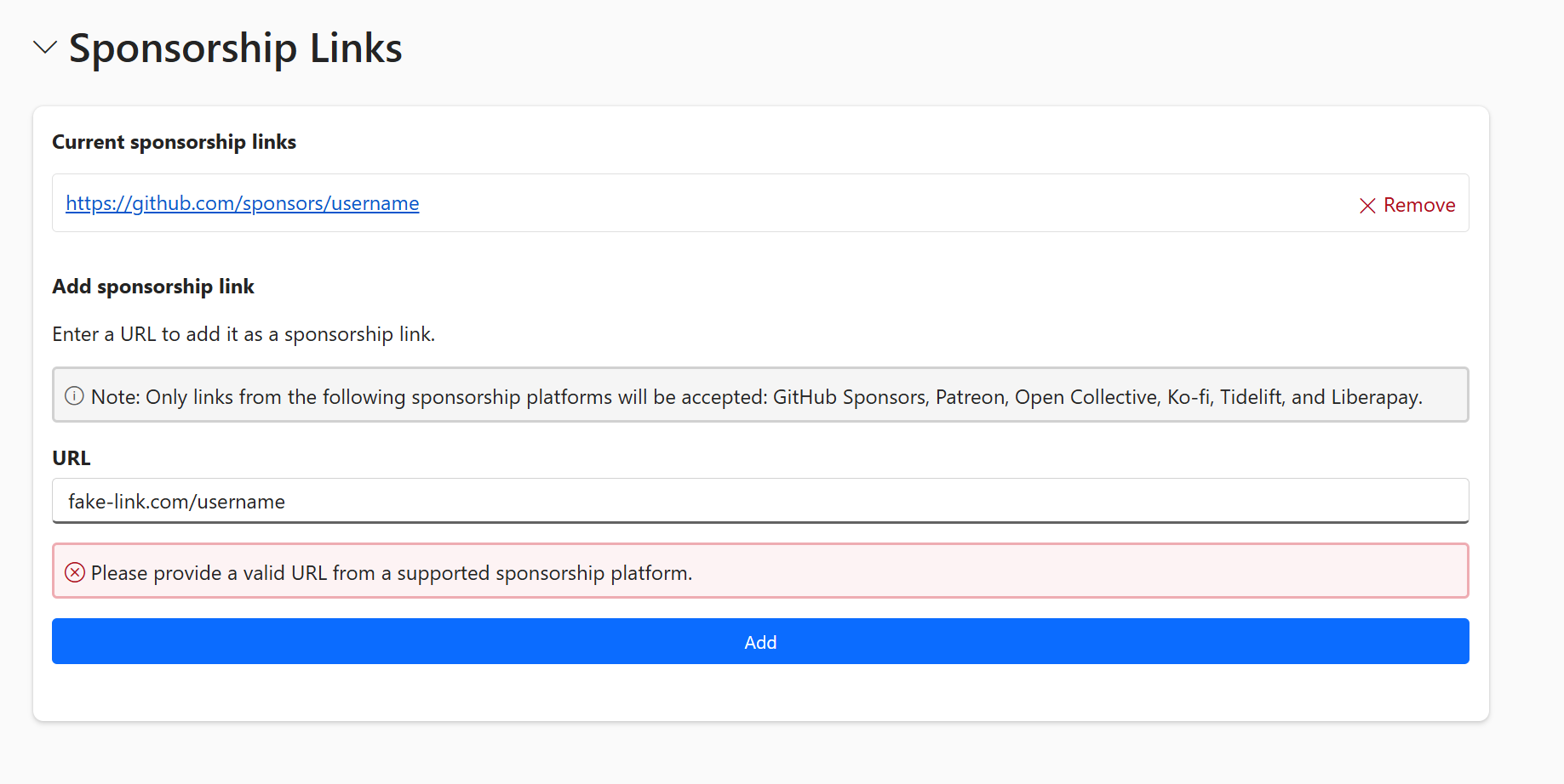 NuGet.org Manage Package Page with an example sponsorship link that is not approved