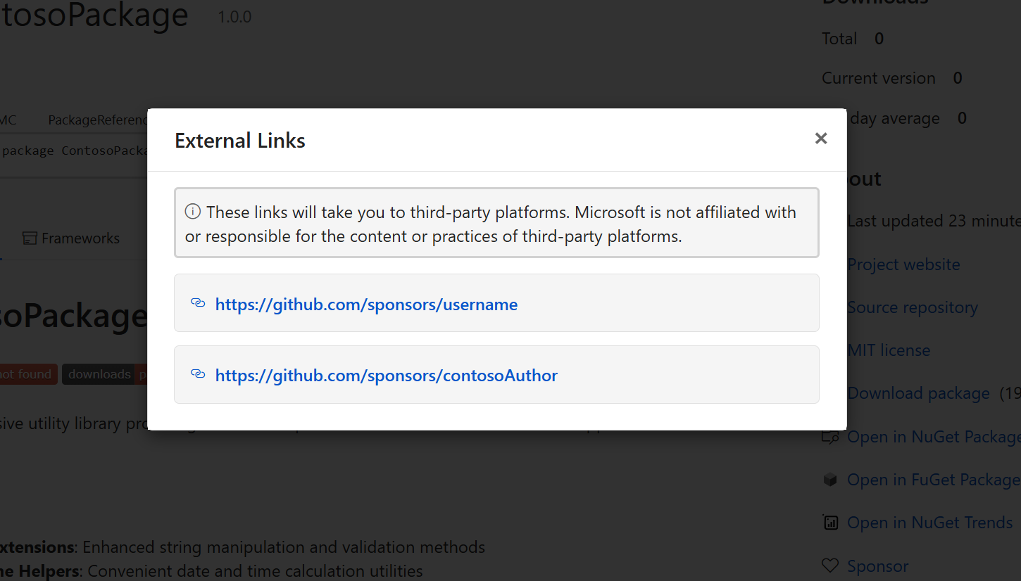 NuGet.org Package Details page with sponsorship links popup