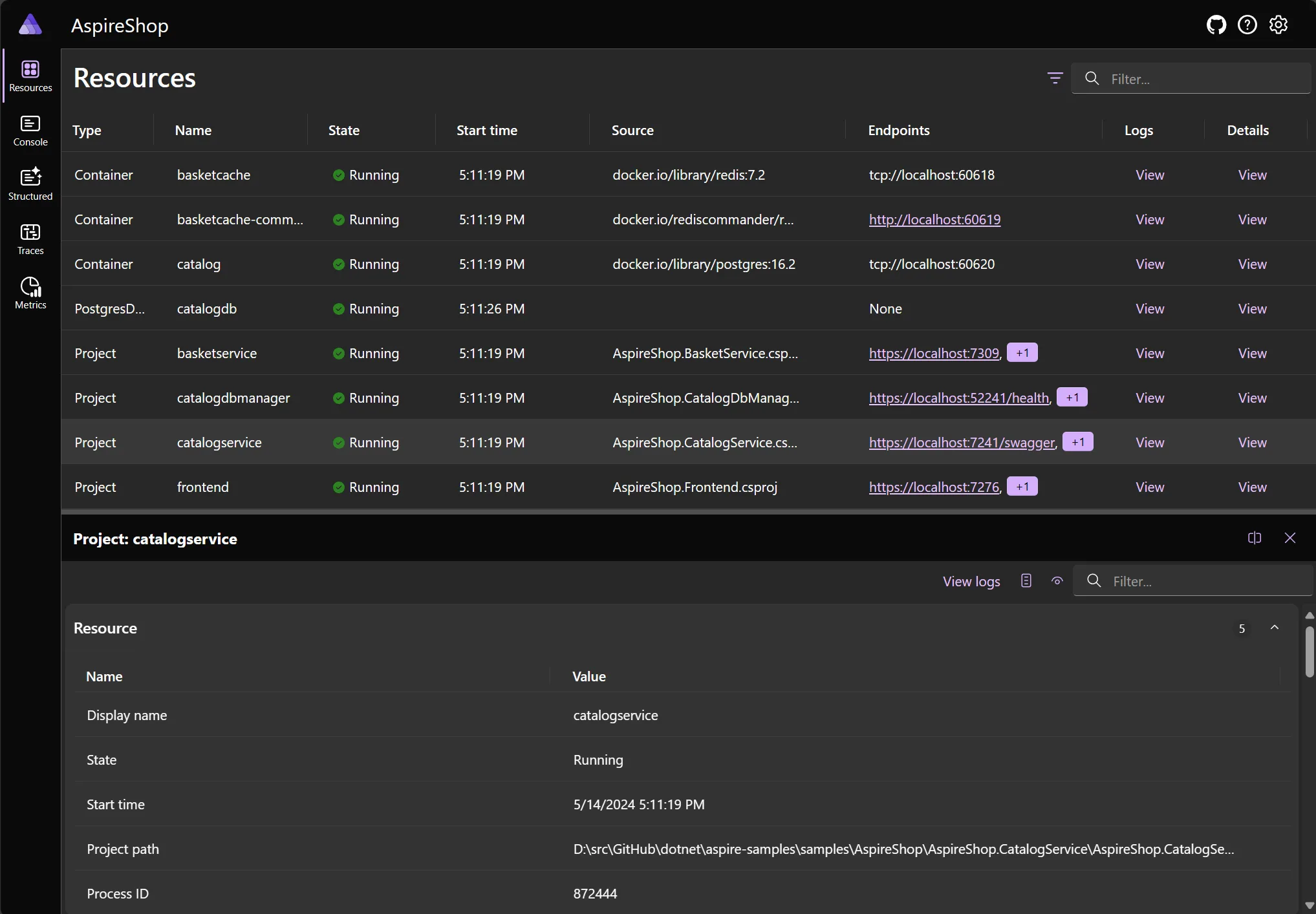 The Aspire dashboard showing details of the running resources in a table