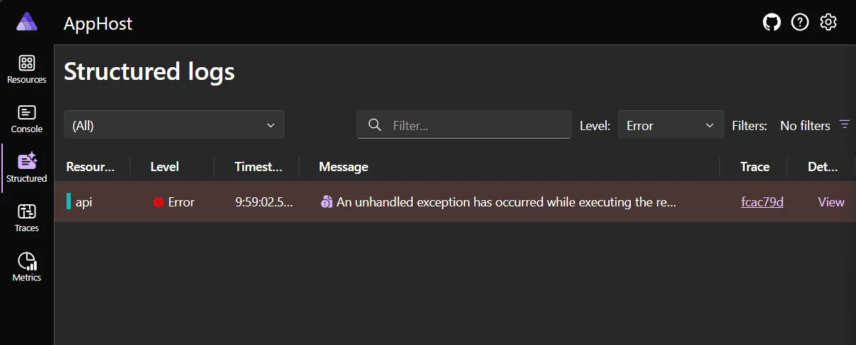 .NET Aspire Dashboard showing errors