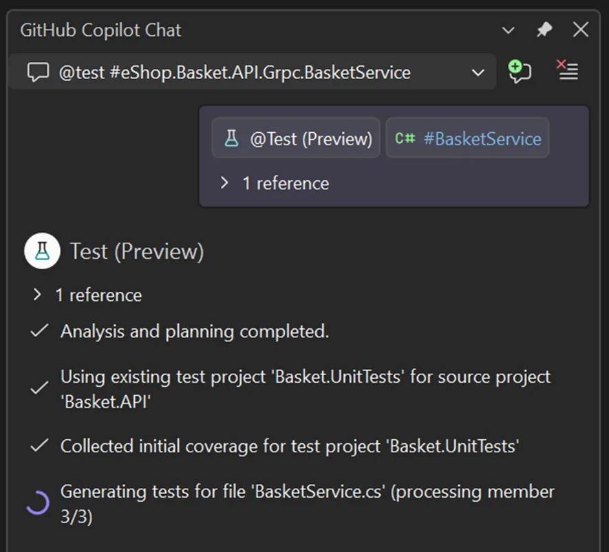 GitHub Copilot testing showing iterative test generation process