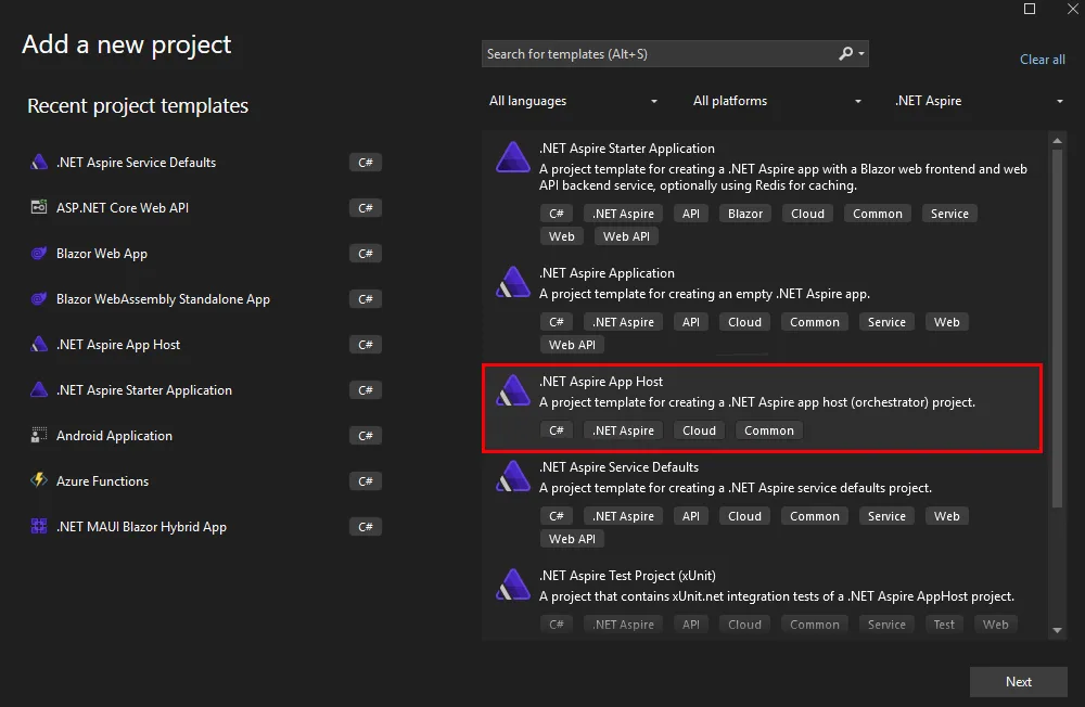 Visual Studio dialog to add a app host project