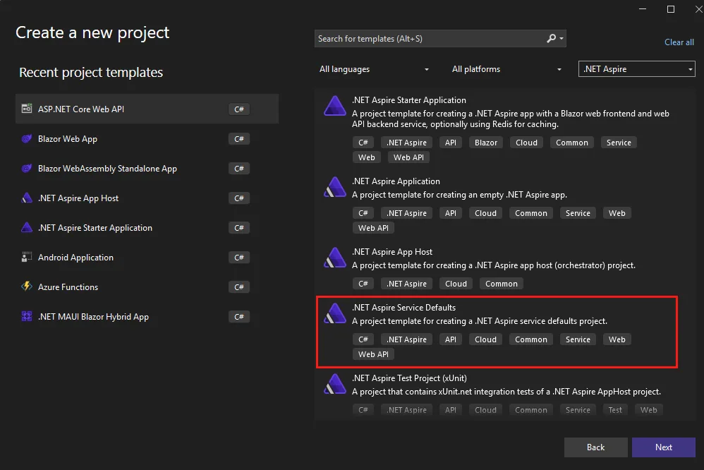 Visual Studio dialog to add a service defaults project