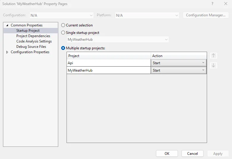 Visual Studio dialog to set multiple startup projects