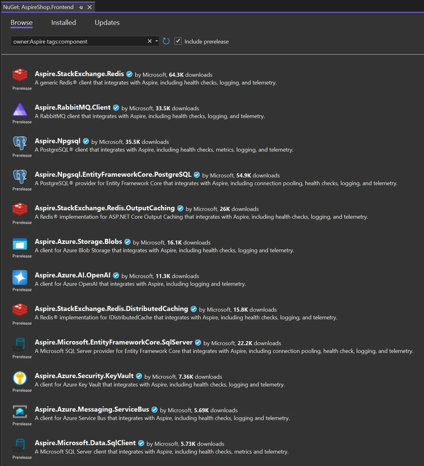 Screenshot of the Visual Studio NuGet Package Manager UI showing Aspire components