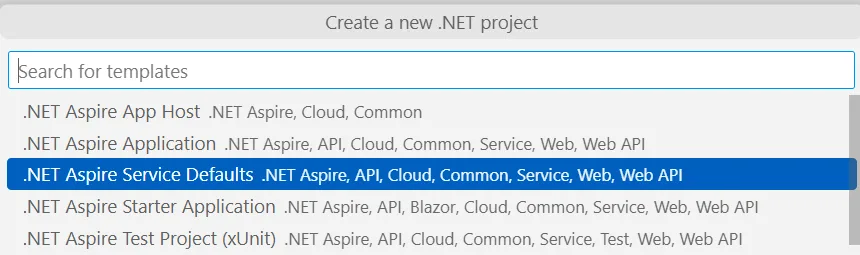 Visual Studio Code dialog to add a service defaults project