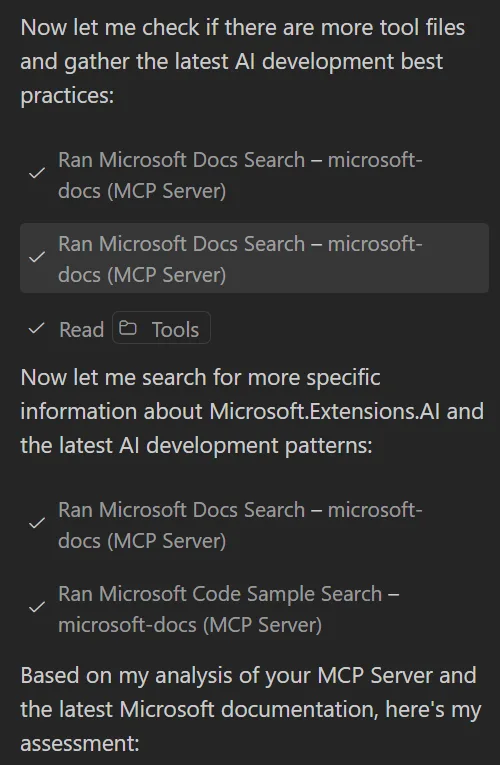 Screenshot of Copilot Chat using MS Learn MCP Server to get best practice information