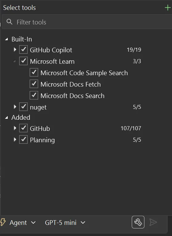 Screenshot of Visual Studio Copilot Chat Tools